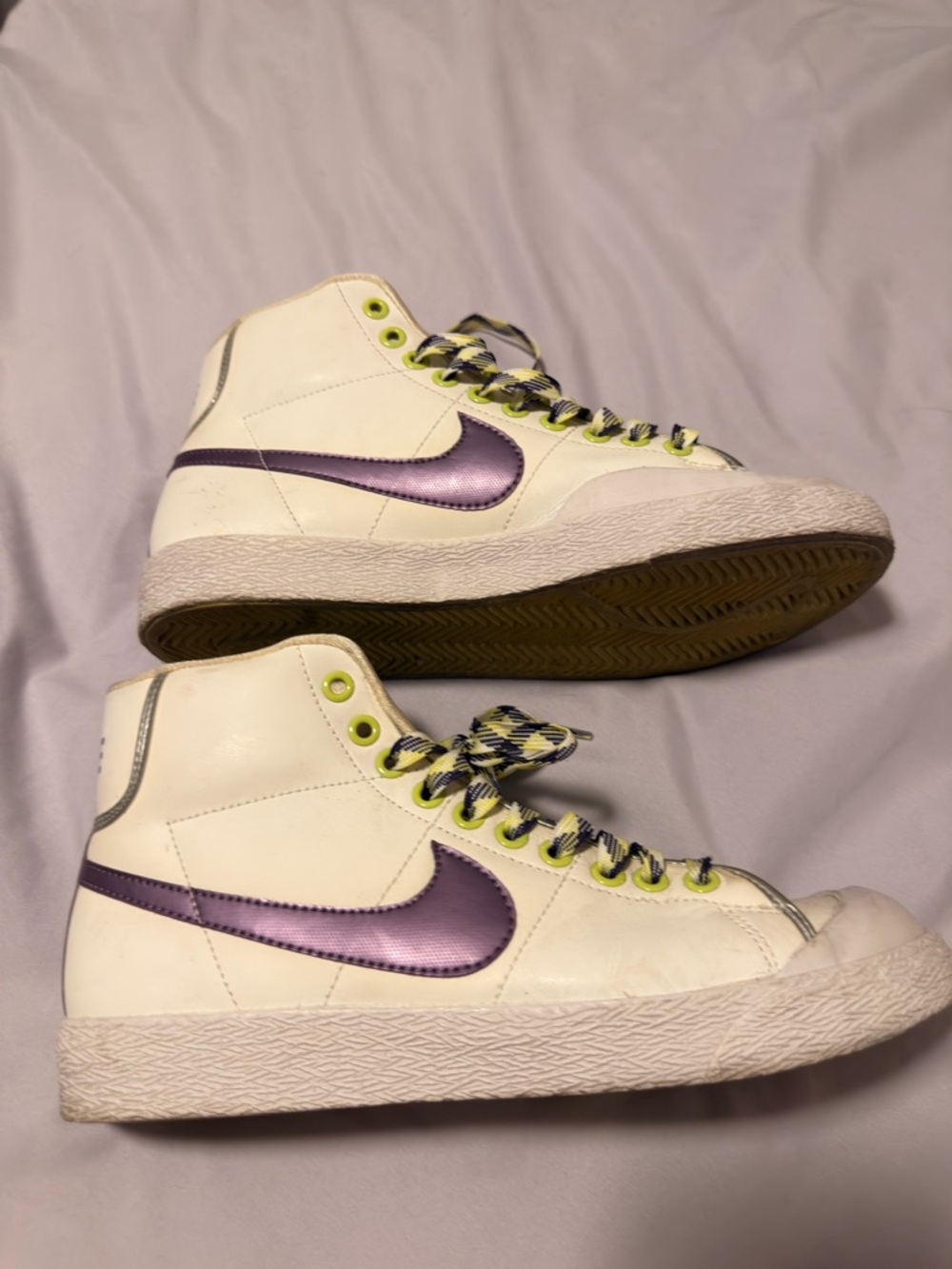 Nike Women's White high tops Purple and Neon Yellow Accents